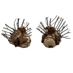Vintage Handmade Set Rustic Turkey Figurines Bark Pinecone Folk Art Thanksgiving